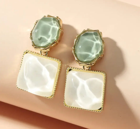 Green Stone Resin Square Earrings